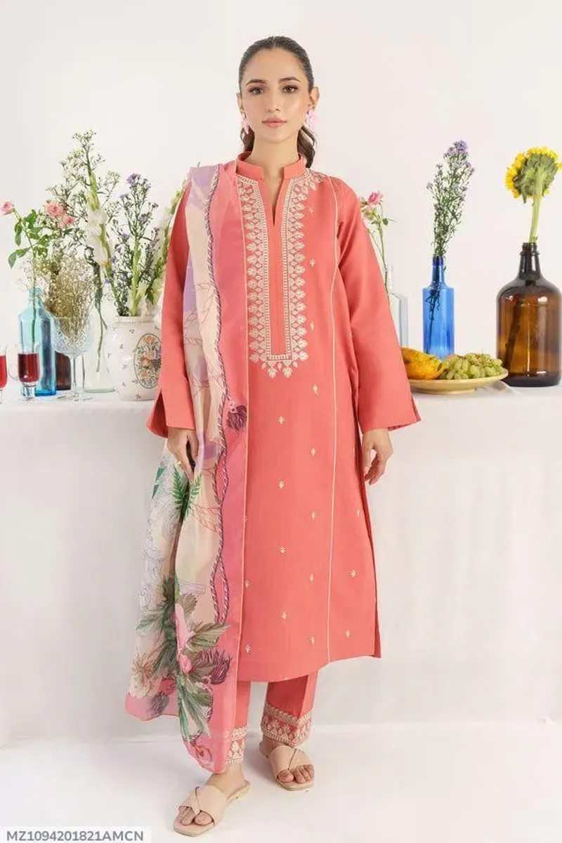 Stylish 3-Piece Pink Dhanak Suit with Wool Dupatta - Image 4