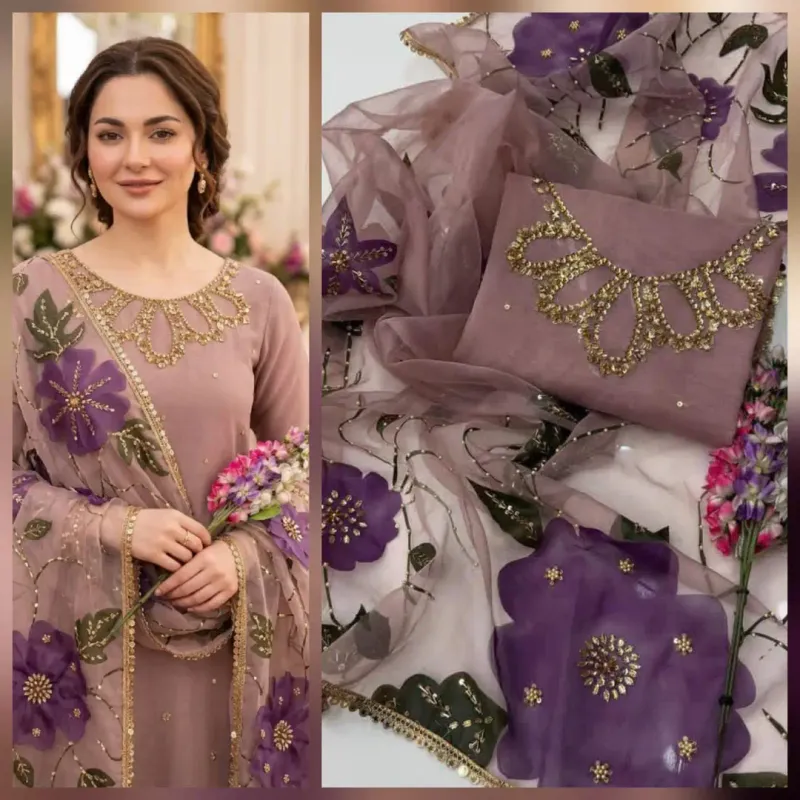 3 Pcs Women's Unstitched Sequins Embroidered Suit - Image 3