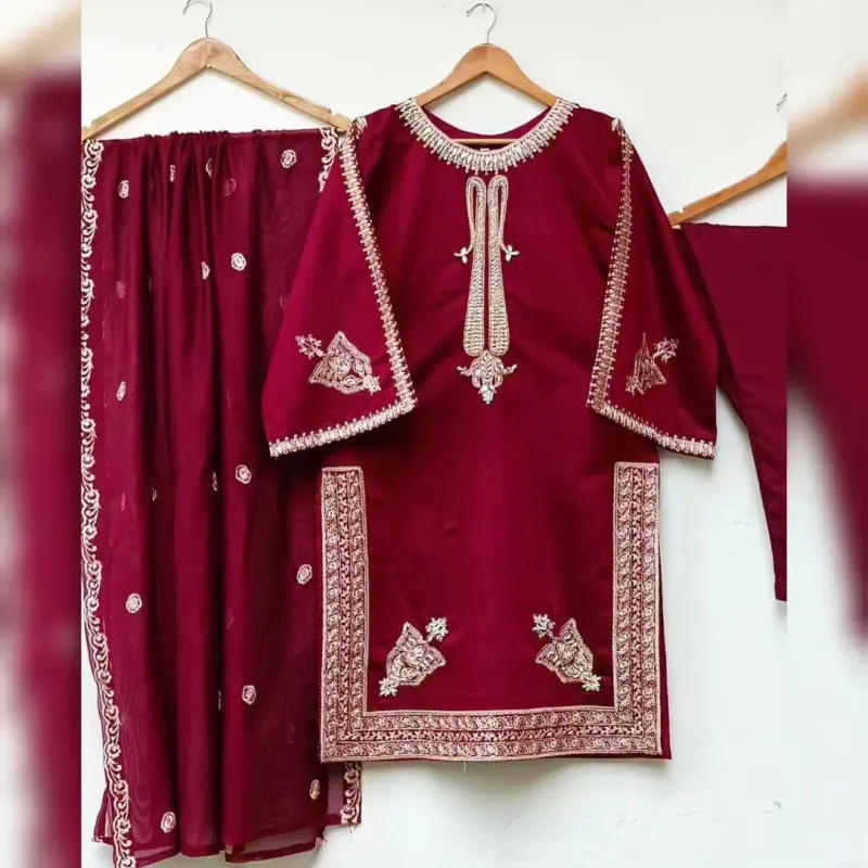 Maroon Embroidered 3-Piece Shamoz Silk Suit for Women - Image 2