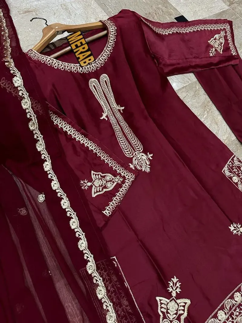 Maroon Embroidered 3-Piece Shamoz Silk Suit for Women - Image 3