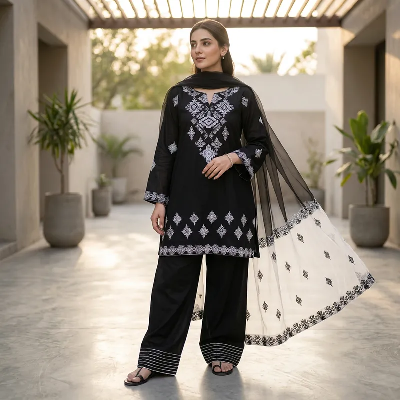 Black Embroidered 3Pcs Cotton Set with Organza Dupatta - Image 2