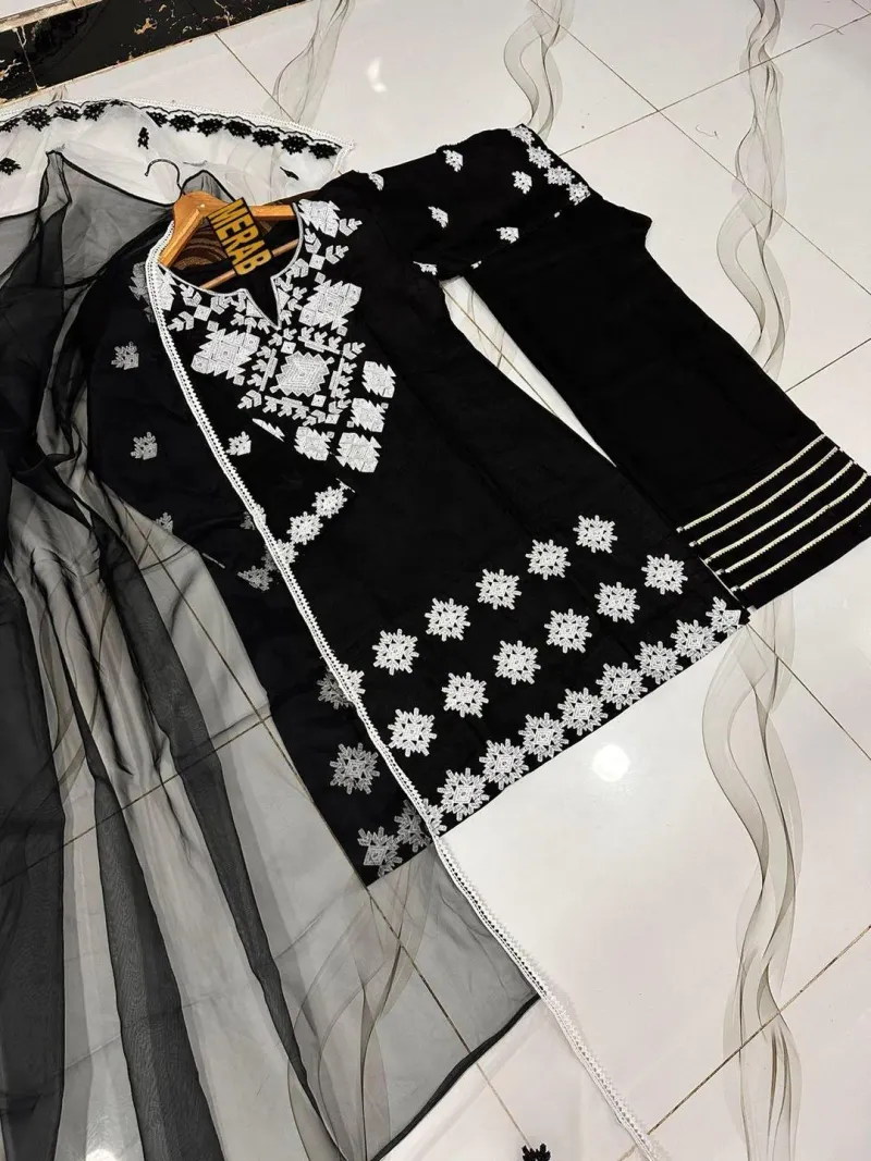 Black Embroidered 3Pcs Cotton Set with Organza Dupatta - Image 3