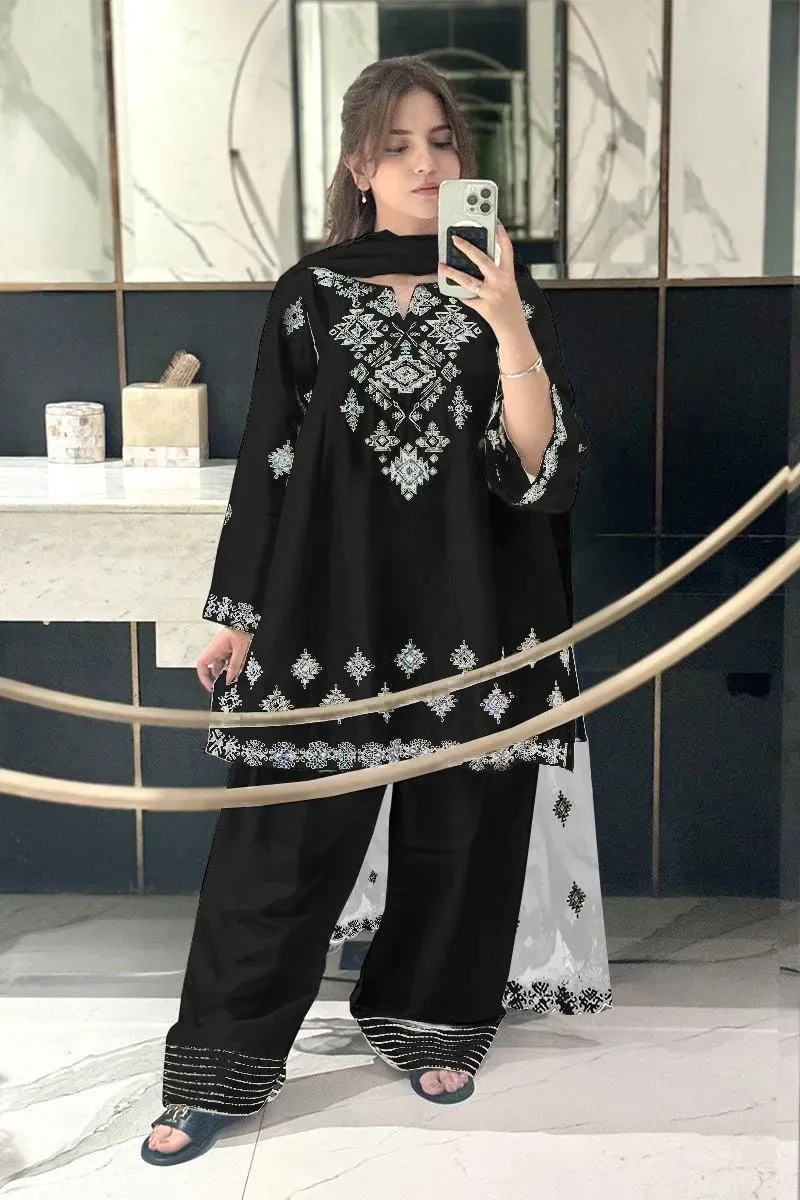 Black Embroidered 3Pcs Cotton Set with Organza Dupatta - Image 5