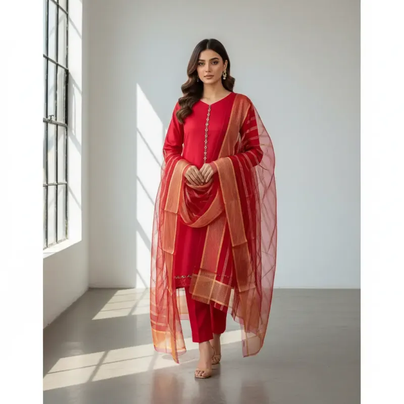 3 Pcs Women's Unstitched Plain Suit