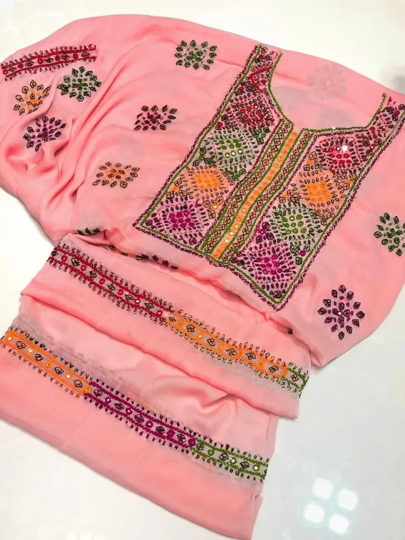 Pink Chiffon Hand Embroidered 2Pcs Set - Image 3