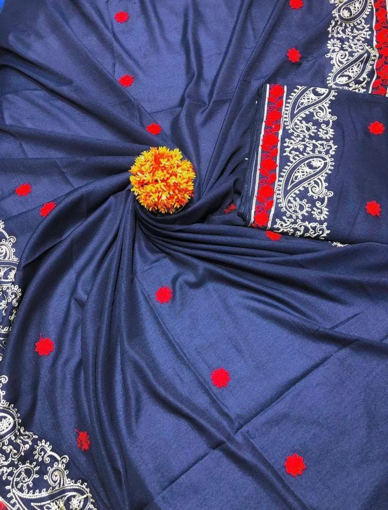 Swiss Embroidered Shawl Navy Red Gold Paisley 2.5 Gazz - Image 3