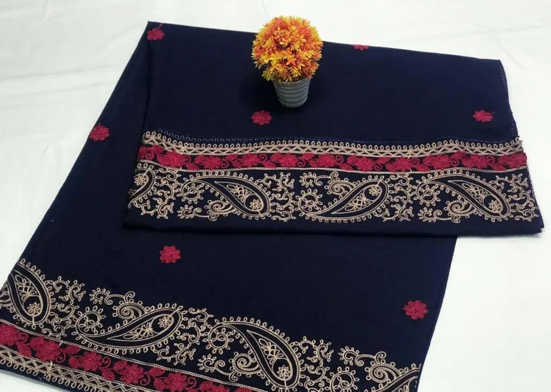 Women Swiss Lawn Embroidered Shawl Navy Gold Red Border - Image 3