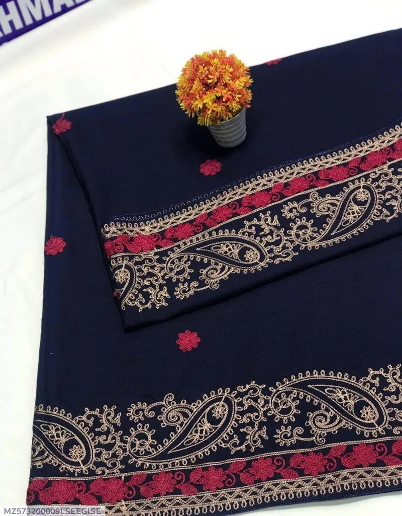 Women Swiss Lawn Embroidered Shawl Navy Gold Red Border - Image 4