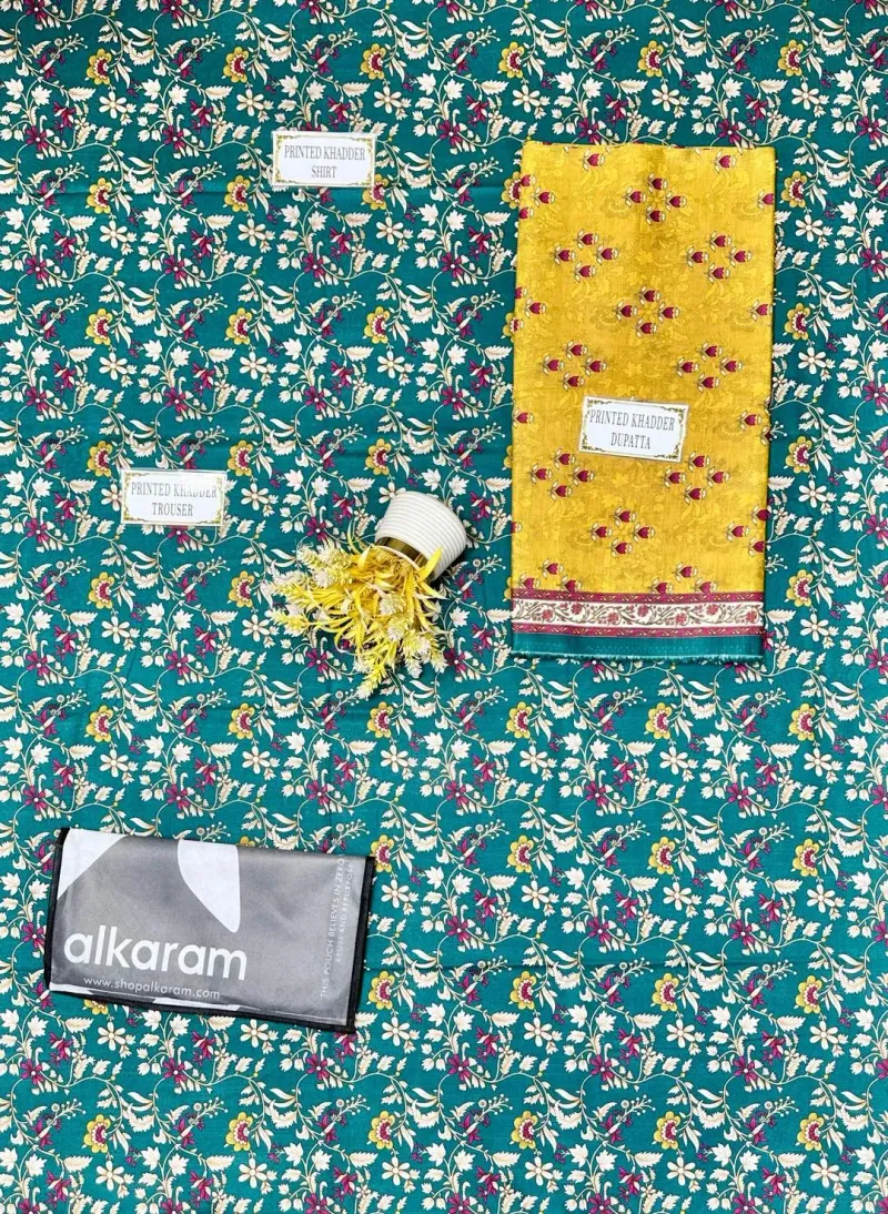 Stunning Printed Khaddar 3-Piece Suit Green - Image 4