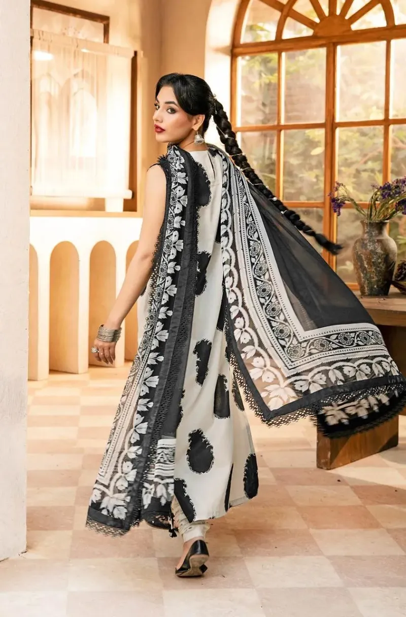 3-Piece Printed Karandi Suit Off-White Black - Image 2