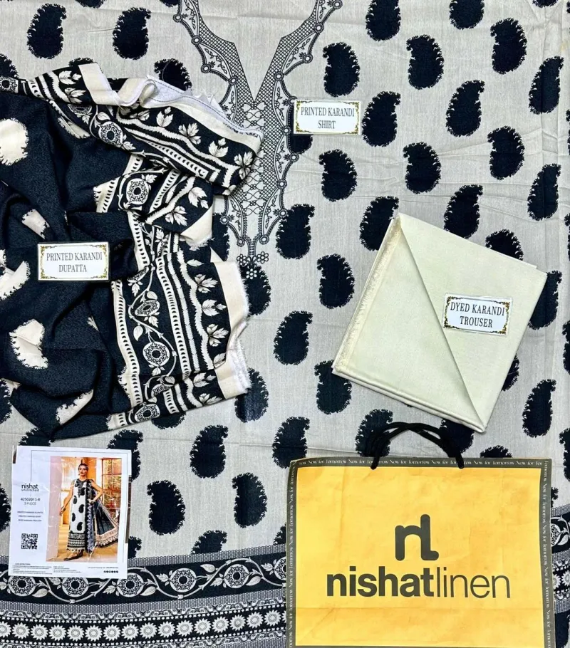 3-Piece Printed Karandi Suit Off-White Black - Image 3