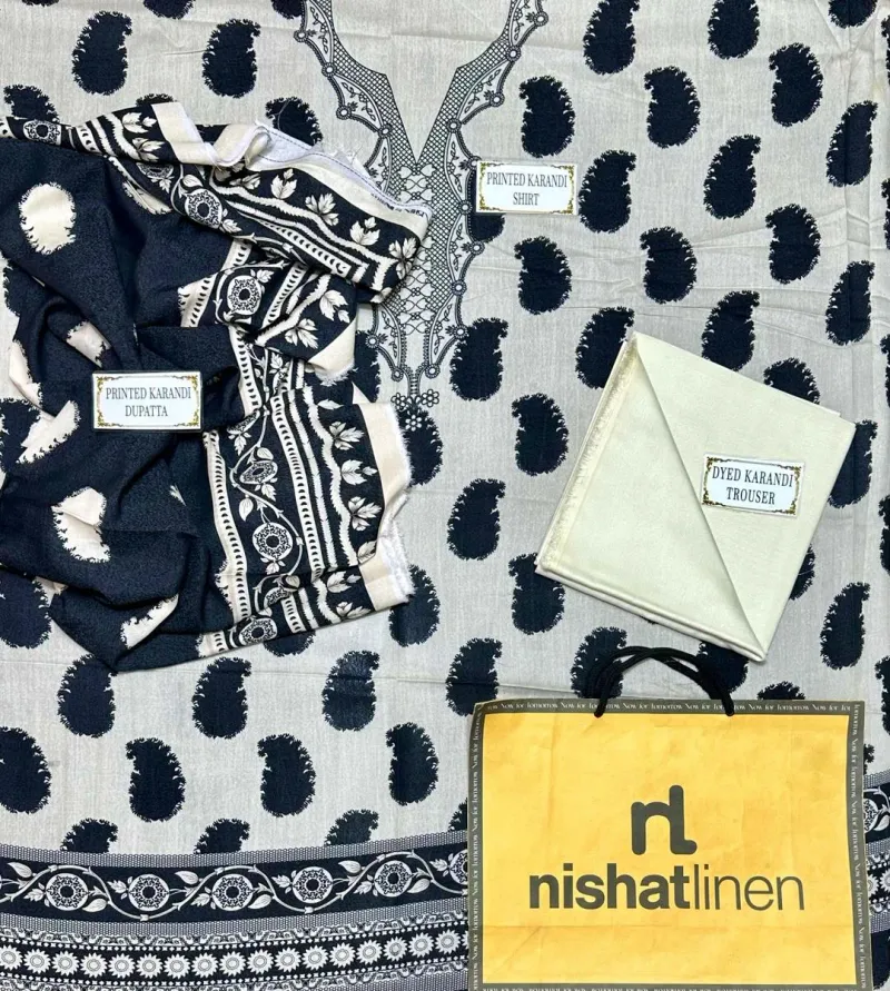 3-Piece Printed Karandi Suit Off-White Black - Image 4