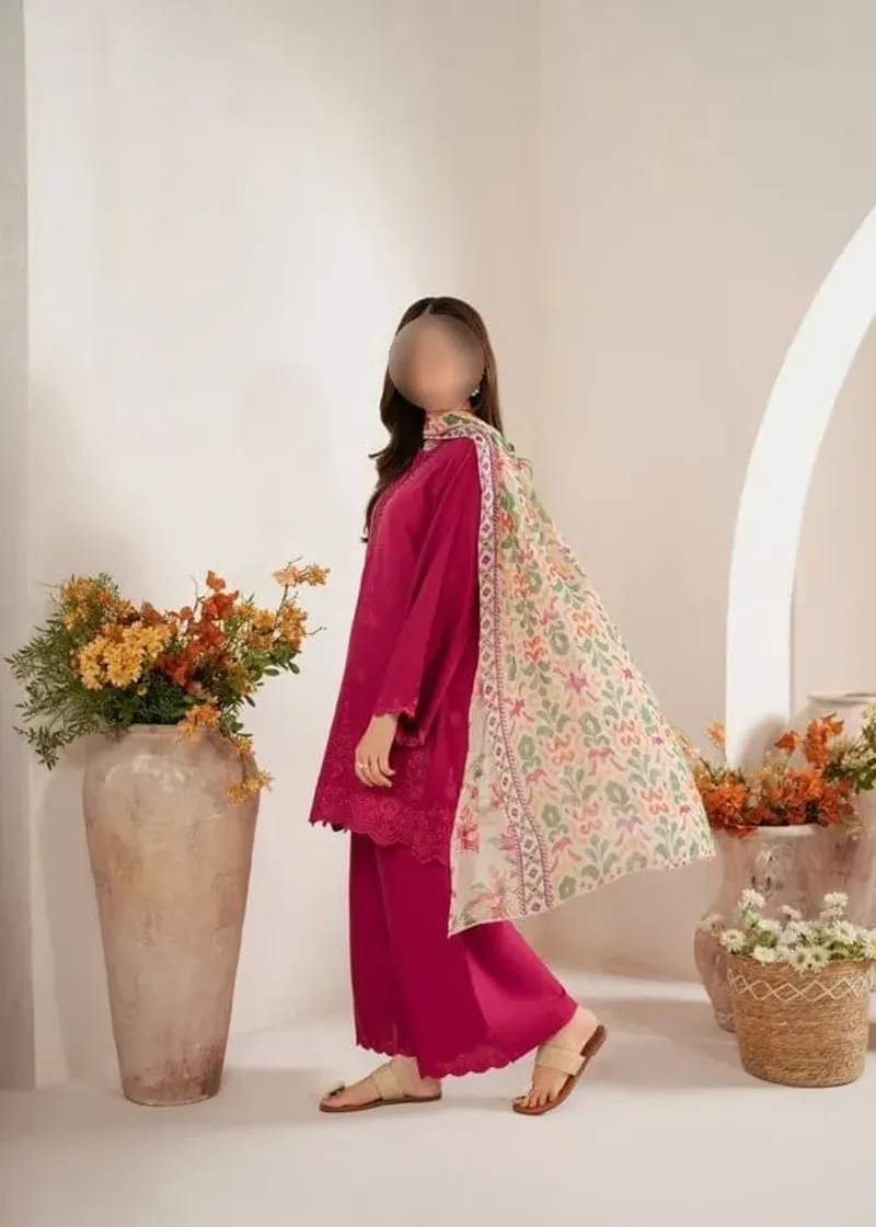 3 Pcs Women's Unstitched Chikankari Embroidered Suit - Image 2