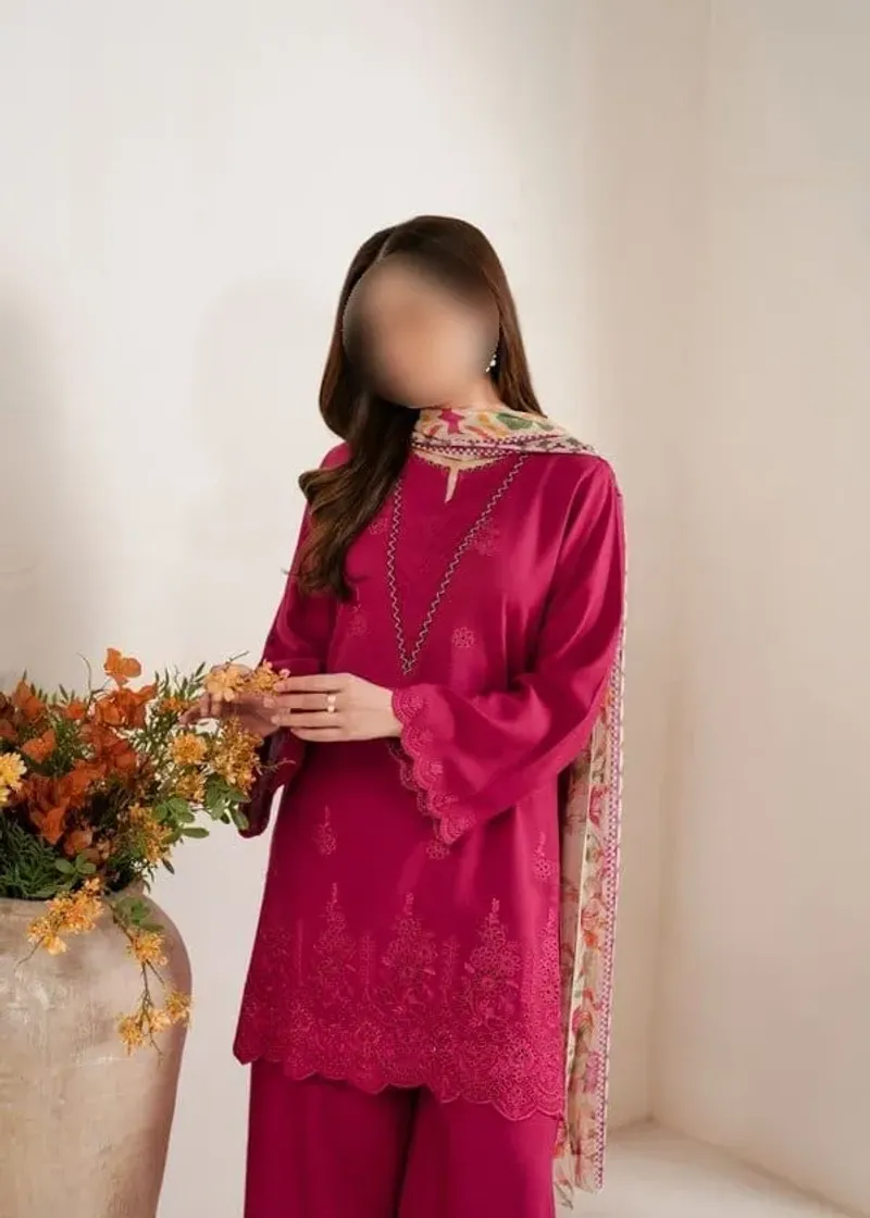 3 Pcs Women's Unstitched Chikankari Embroidered Suit - Image 3
