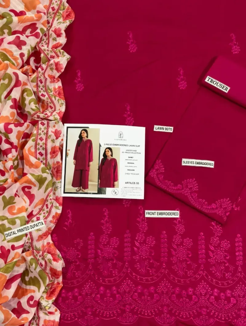 3 Pcs Women's Unstitched Chikankari Embroidered Suit - Image 5