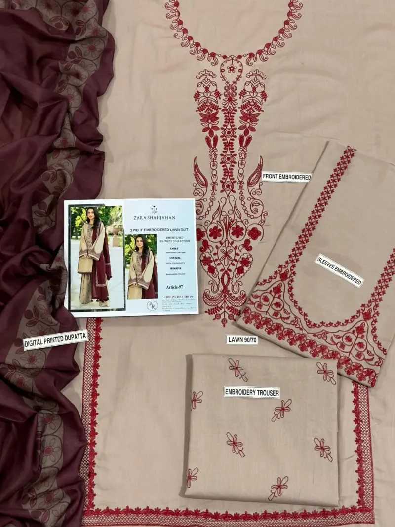 MIX TRENDING DESIGNS 3 Pcs Unstitched Embroidered Suit - Image 3