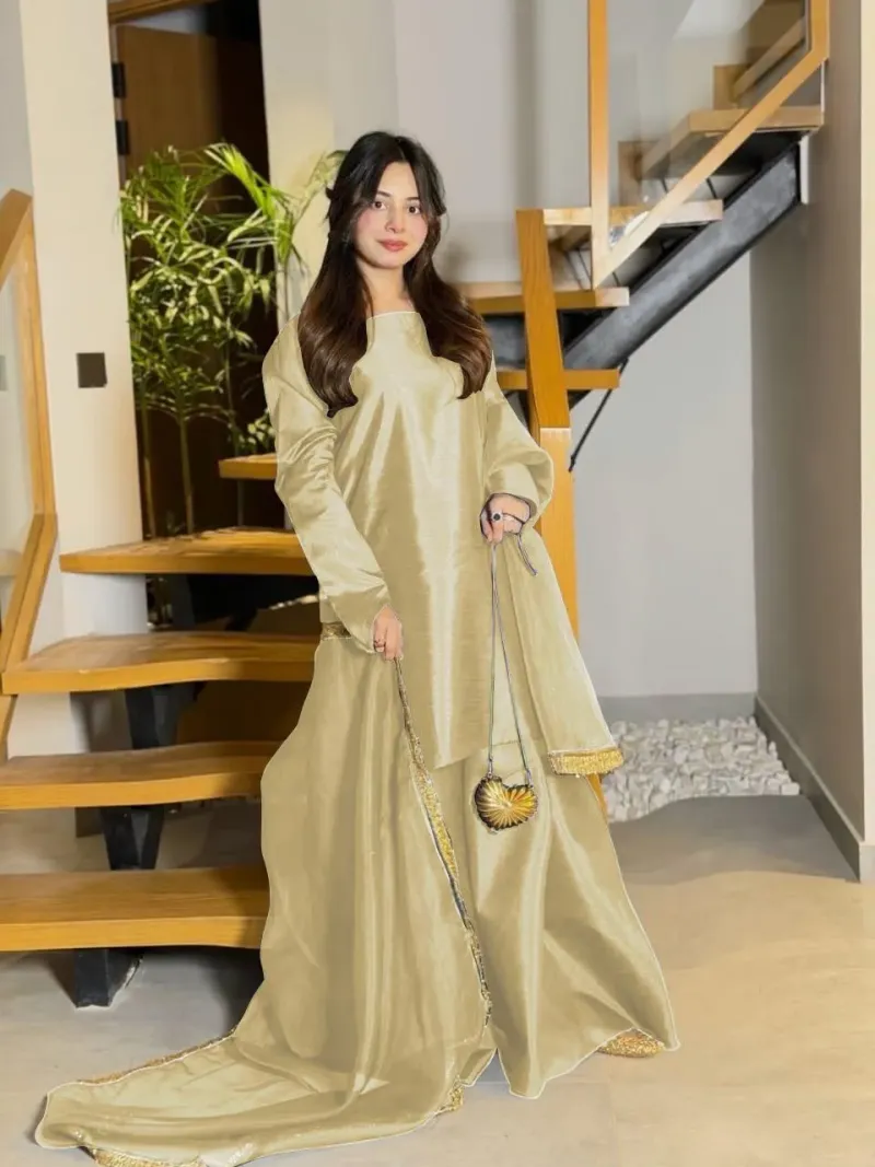 Long Flare Sharara & Lace Dupatta Set 3Pcs - Image 2