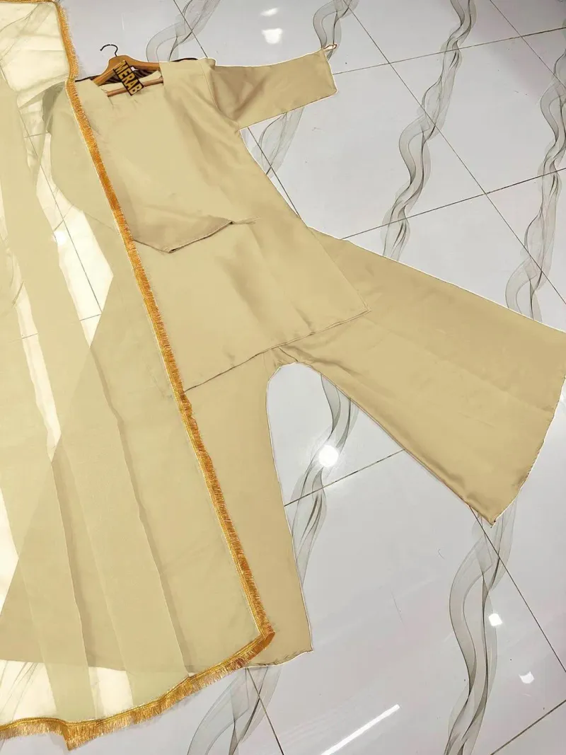 Long Flare Sharara & Lace Dupatta Set 3Pcs - Image 3