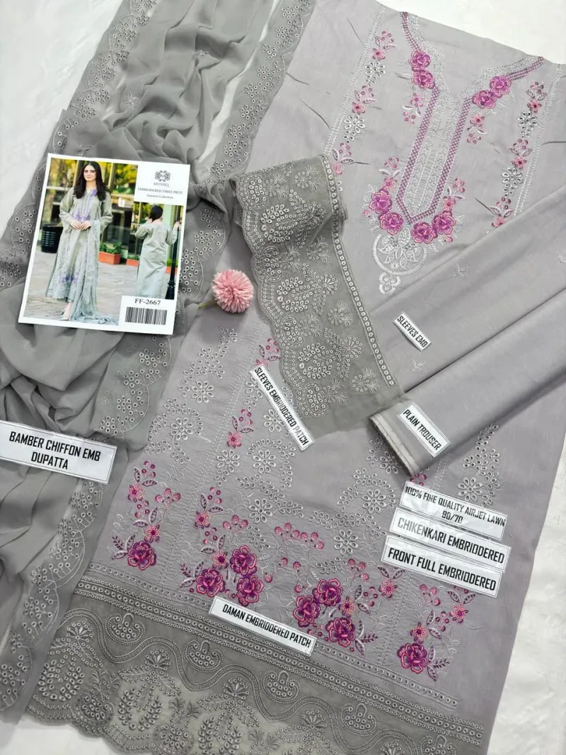 MUSHQ 3 Pcs Unstitched Chikankari Embroidered Suit - Image 4