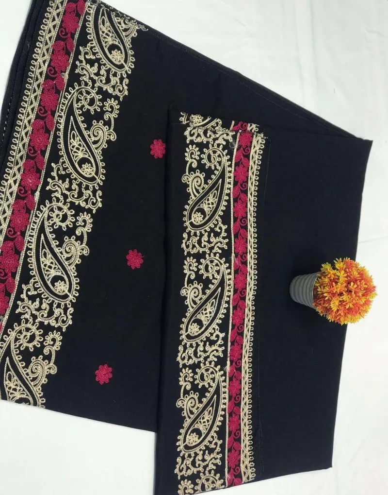 Women Swiss Lawn Embroidered Shawl Black Gold Maroon