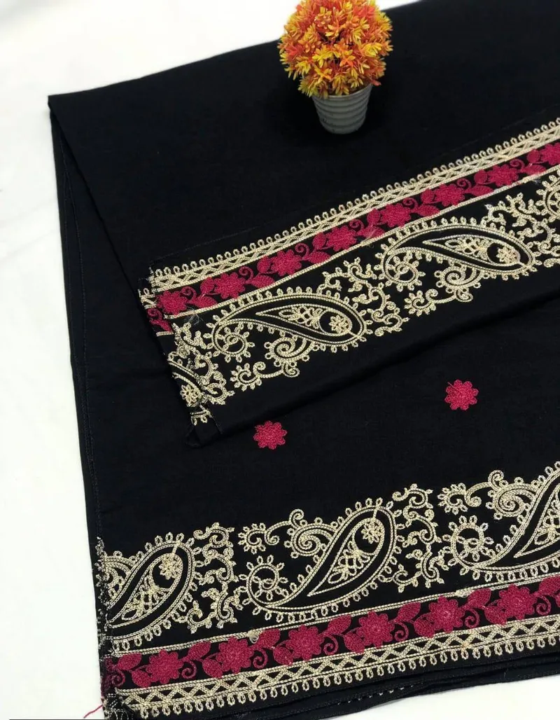 Women Swiss Lawn Embroidered Shawl Black Gold Maroon - Image 3