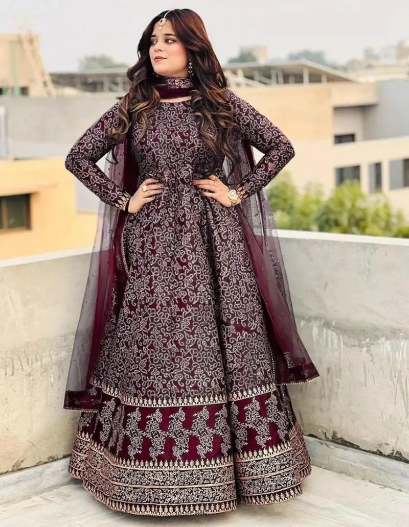 Women Katan Silk Printed Maxi Suit Set 3 Piece Regular - Image 2