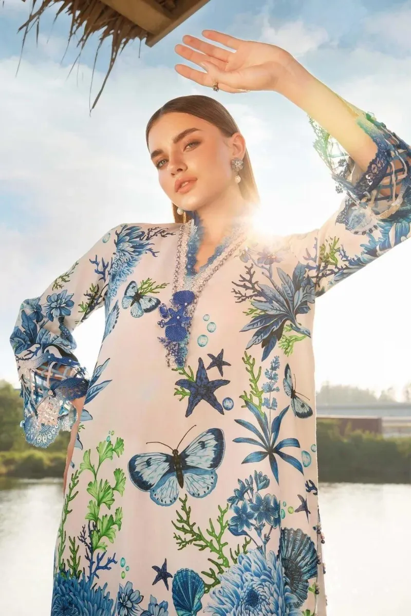Digital Printed Lawn 3Pc Set Blue Floral Unstitched - Image 2