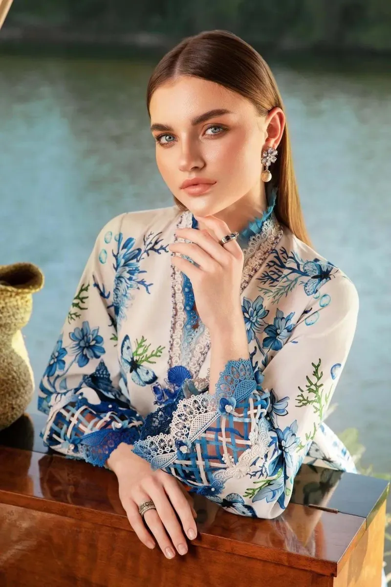 Digital Printed Lawn 3Pc Set Blue Floral Unstitched - Image 3