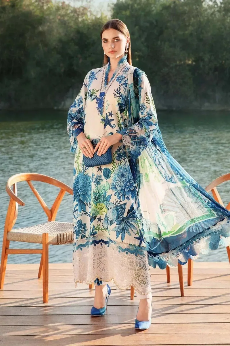 Digital Printed Lawn 3Pc Set Blue Floral Unstitched - Image 4