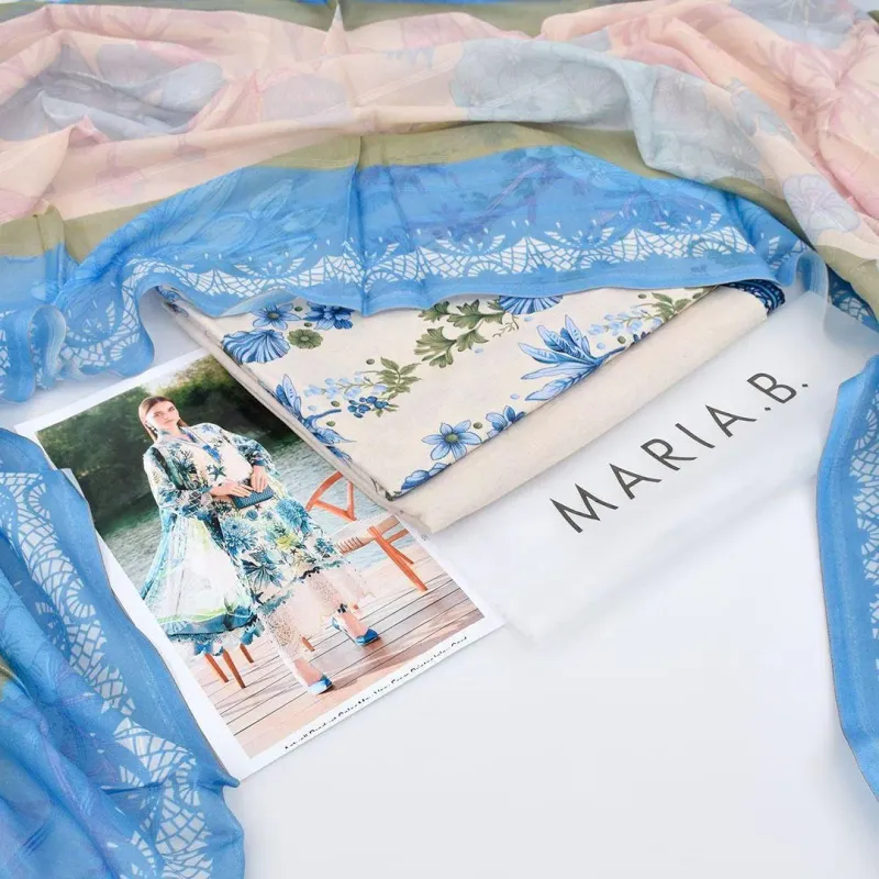 Digital Printed Lawn 3Pc Set Blue Floral Unstitched - Image 5