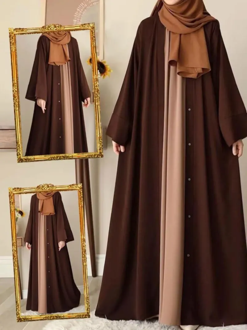 Women Georgette Full Abaya Chocolaty Brown Front Button Closure - Image 2