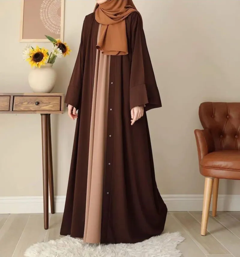Women Georgette Full Abaya Chocolaty Brown Front Button Closure - Image 3