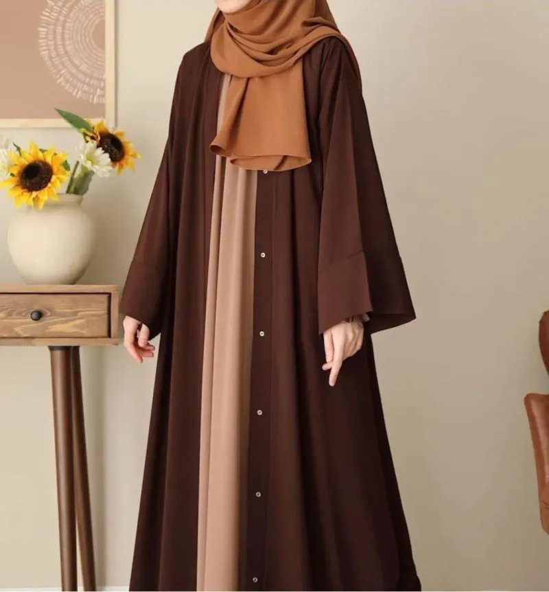 Women Georgette Full Abaya Chocolaty Brown Front Button Closure - Image 4