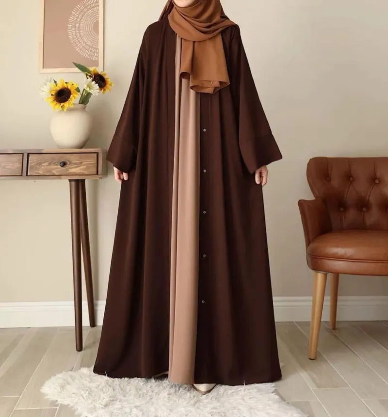 Women Georgette Full Abaya Chocolaty Brown Front Button Closure - Image 5