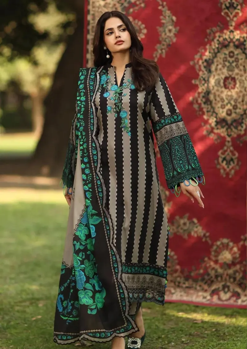 Pakistani Embroidered Kurti with Green & Beige Stripes - Image 2