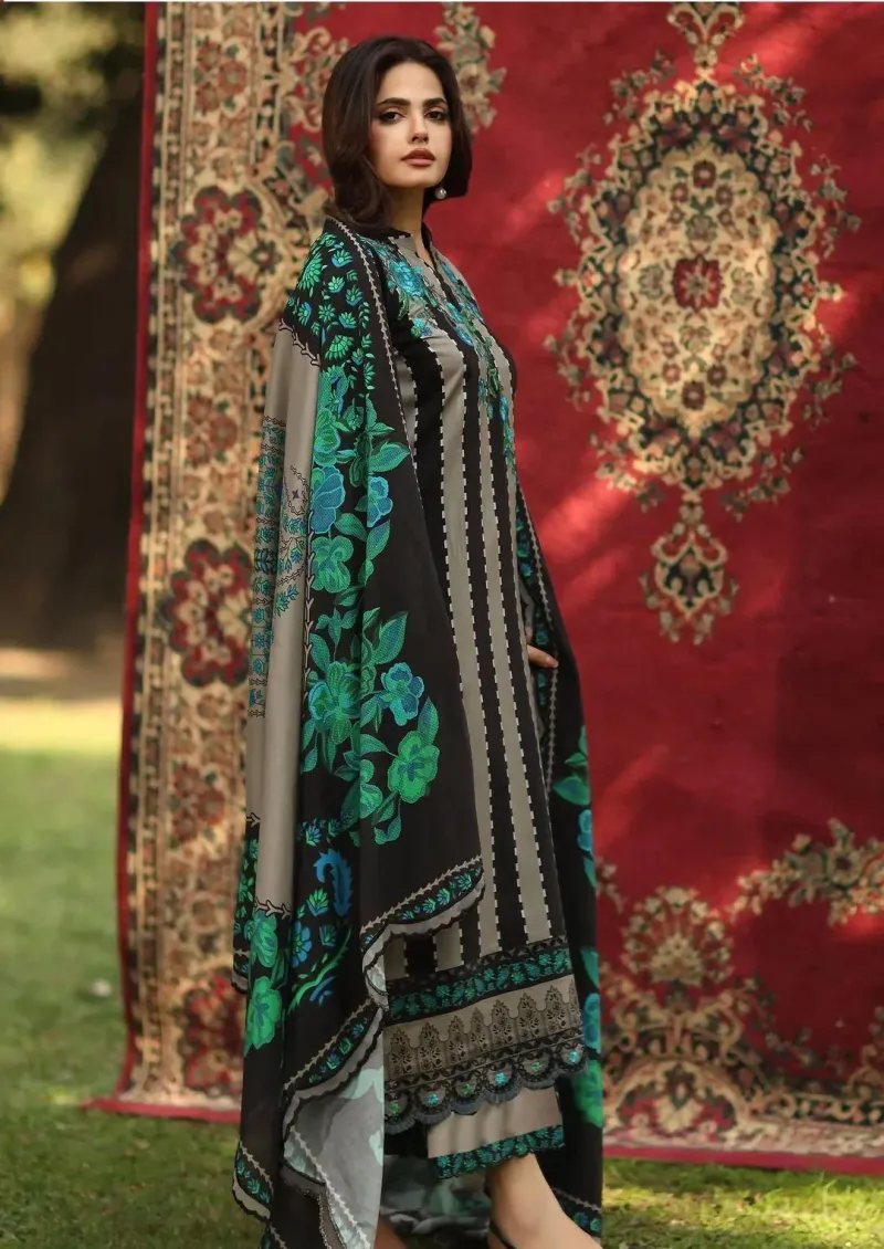 Pakistani Embroidered Kurti with Green & Beige Stripes - Image 3