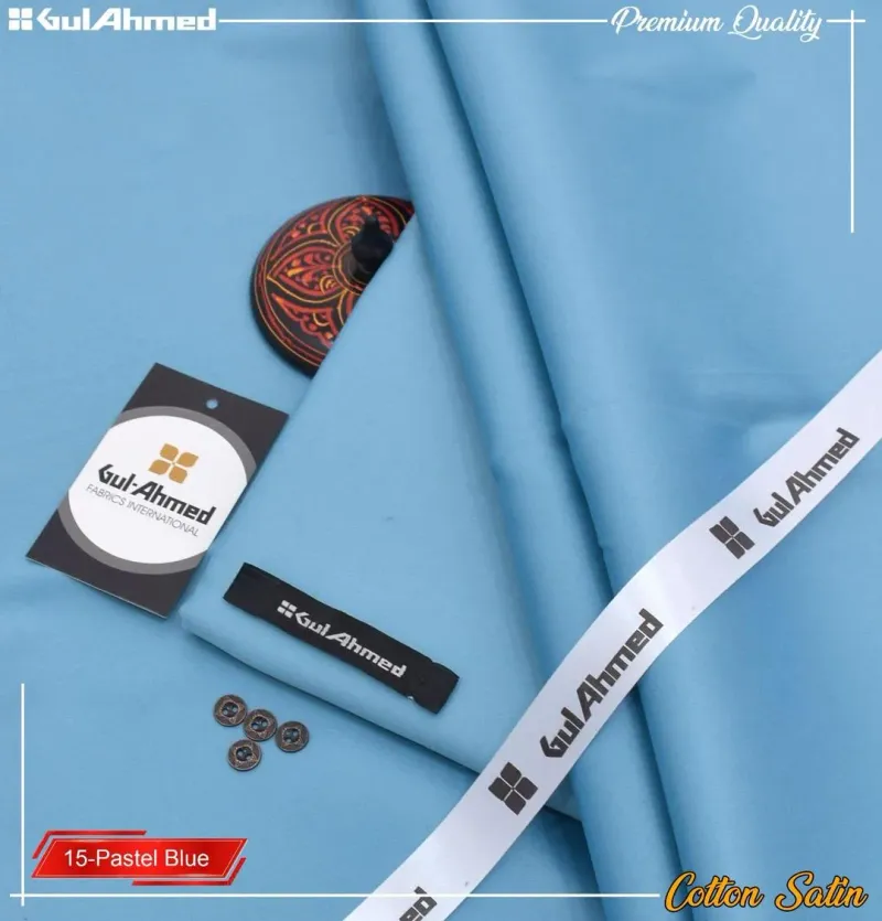 Gul Ahmed Premium Quality Cotton Satin Suit 15-Pastel Blue - Image 2