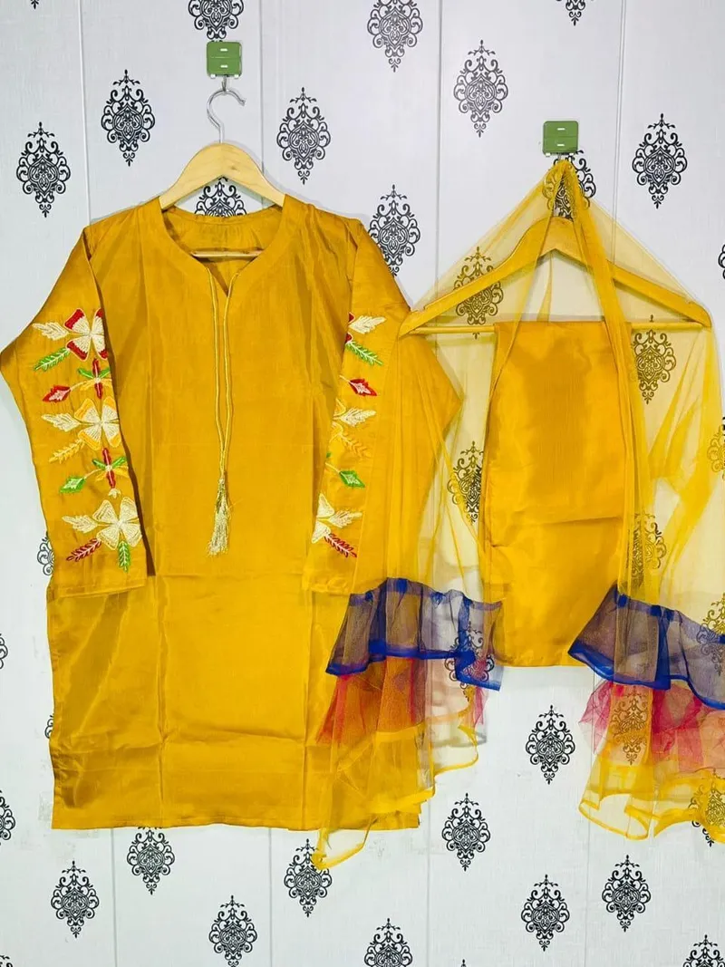 Women Katan Silk 3 Pcs Suit Set White Medium Large - Image 6