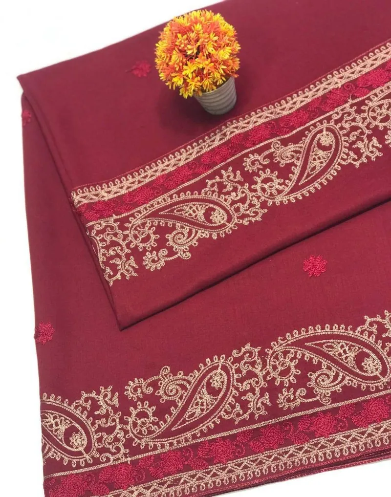 Maroon Swiss Lawn Shawl with Embroidered Border
