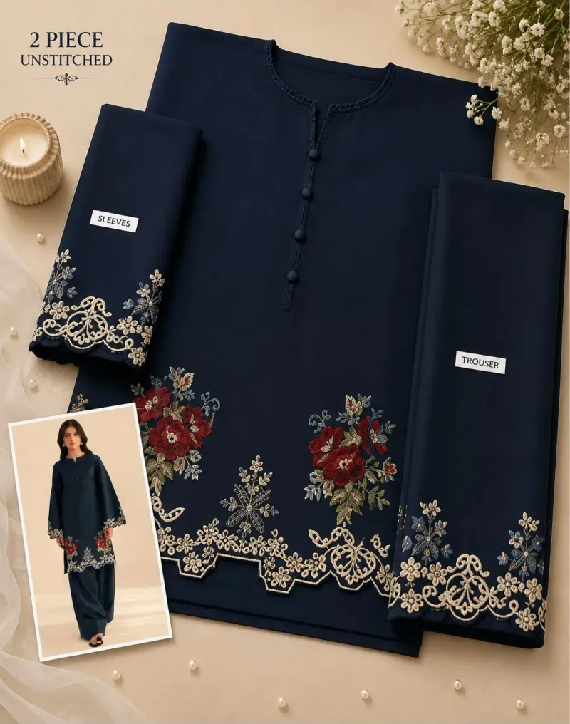 2 Pcs Women's Unstitched Embroidered Suit - Image 2