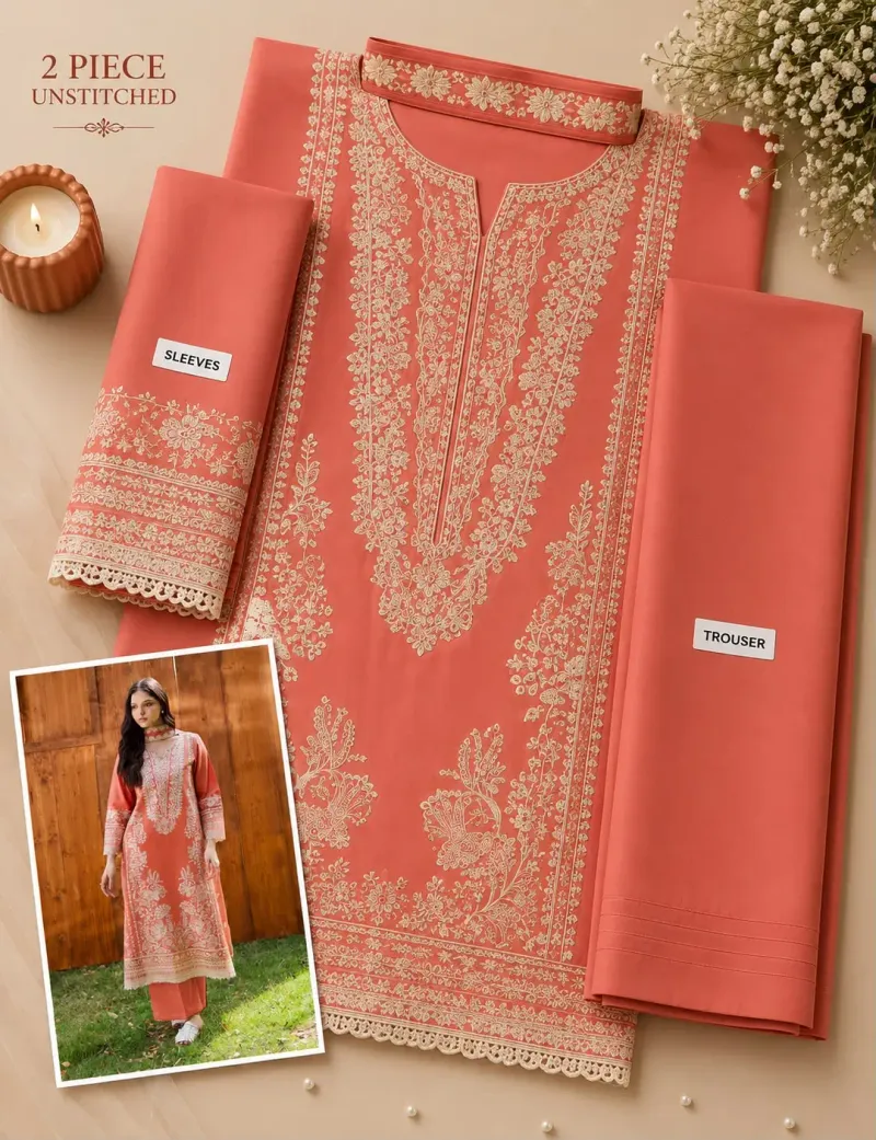 2 Pcs Women's Unstitched Embroidered Suit - Image 2