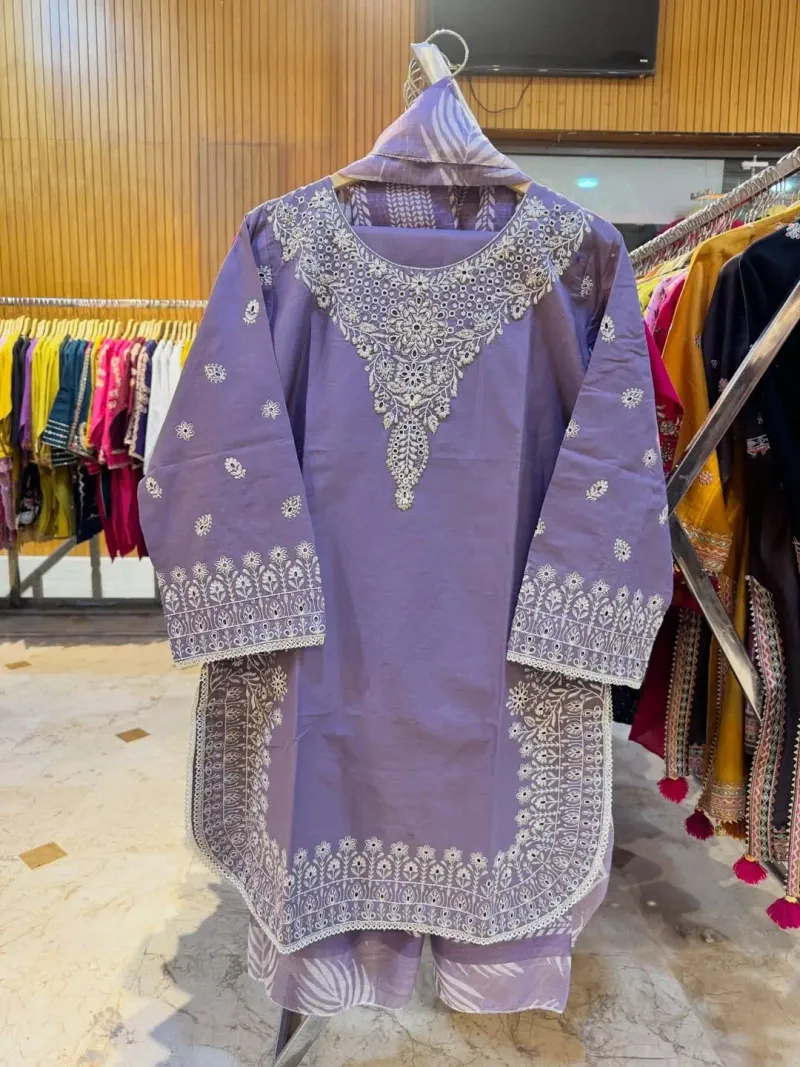 3 Pcs Women's Stitched Cotton Lawn Embroidered Suit - Image 6