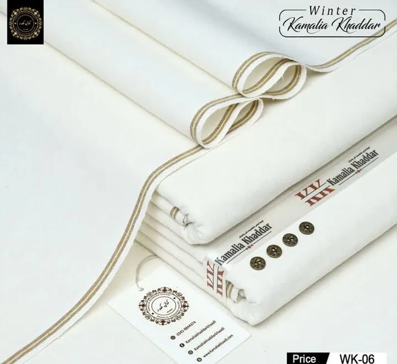 Winter Khaddar Suit Off-White Gold Trim Unstitched - Image 2