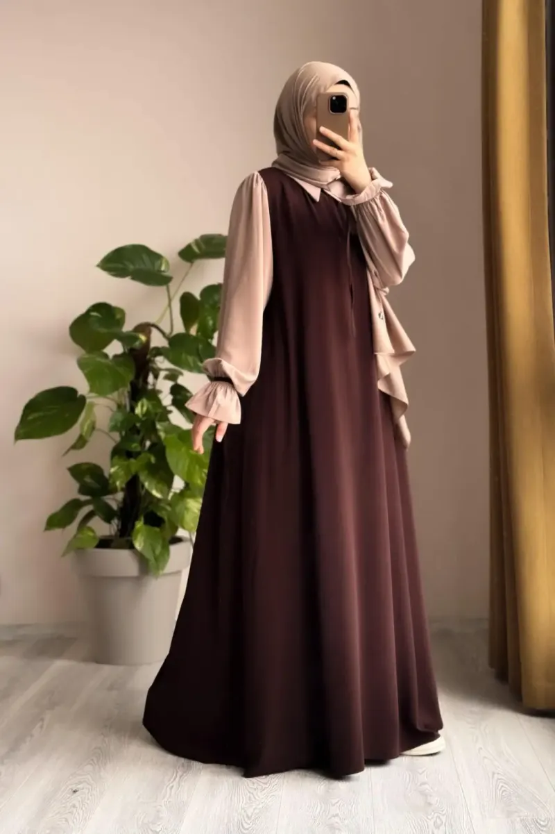 Abaya for Women with Belt & Stroller | Collar Abaya in Soft Wool Peach Fabric | Ready to Wear Abaya - Image 2