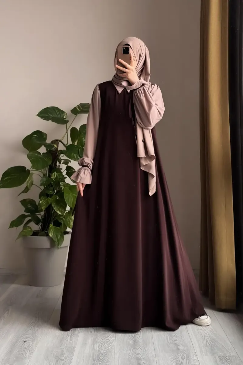 Abaya for Women with Belt & Stroller | Collar Abaya in Soft Wool Peach Fabric | Ready to Wear Abaya - Image 3