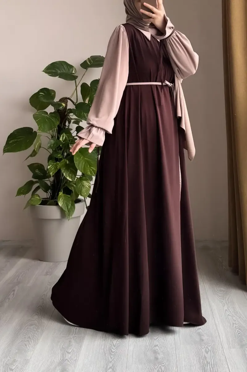 Abaya for Women with Belt & Stroller | Collar Abaya in Soft Wool Peach Fabric | Ready to Wear Abaya - Image 4