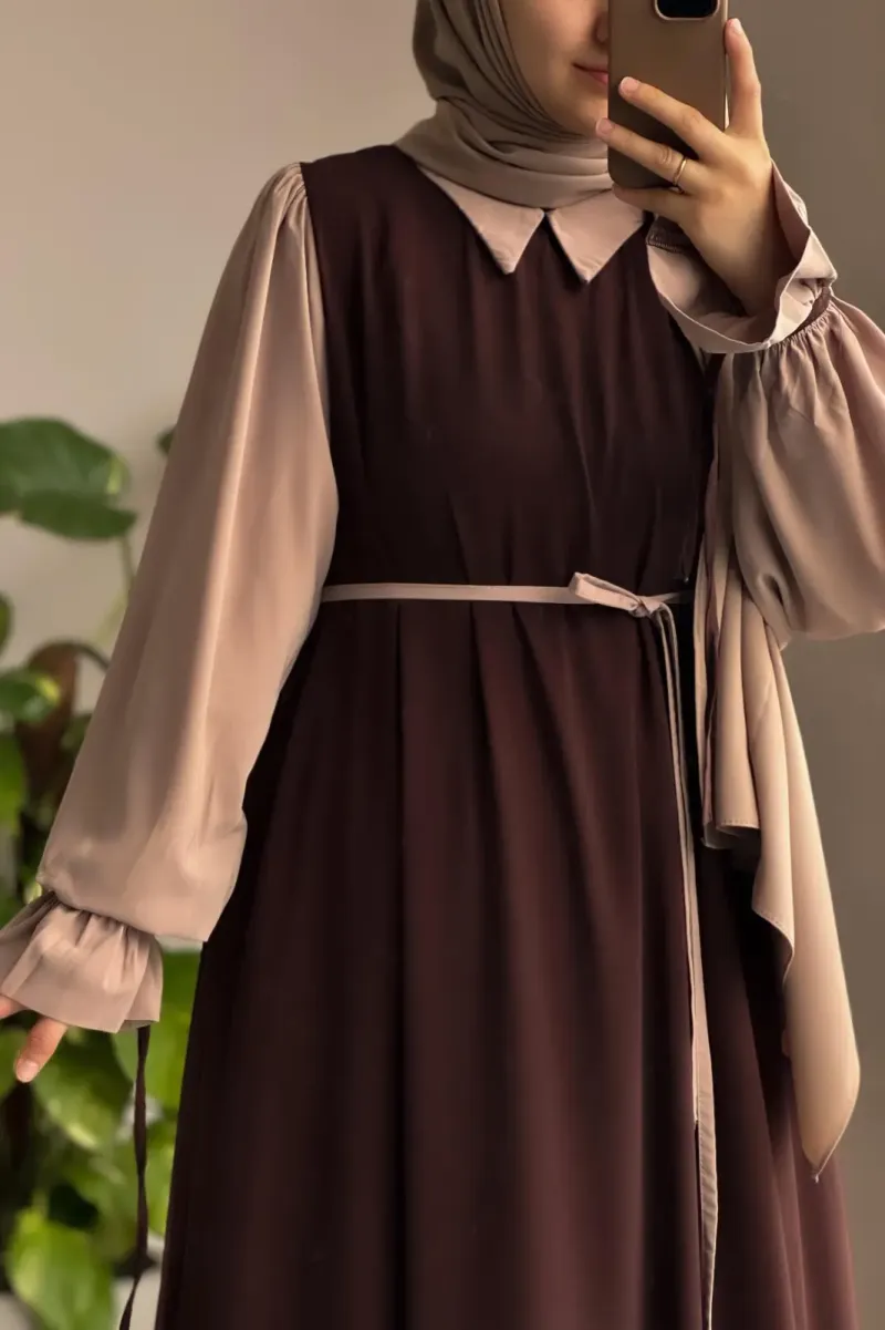 Abaya for Women with Belt & Stroller | Collar Abaya in Soft Wool Peach Fabric | Ready to Wear Abaya - Image 6